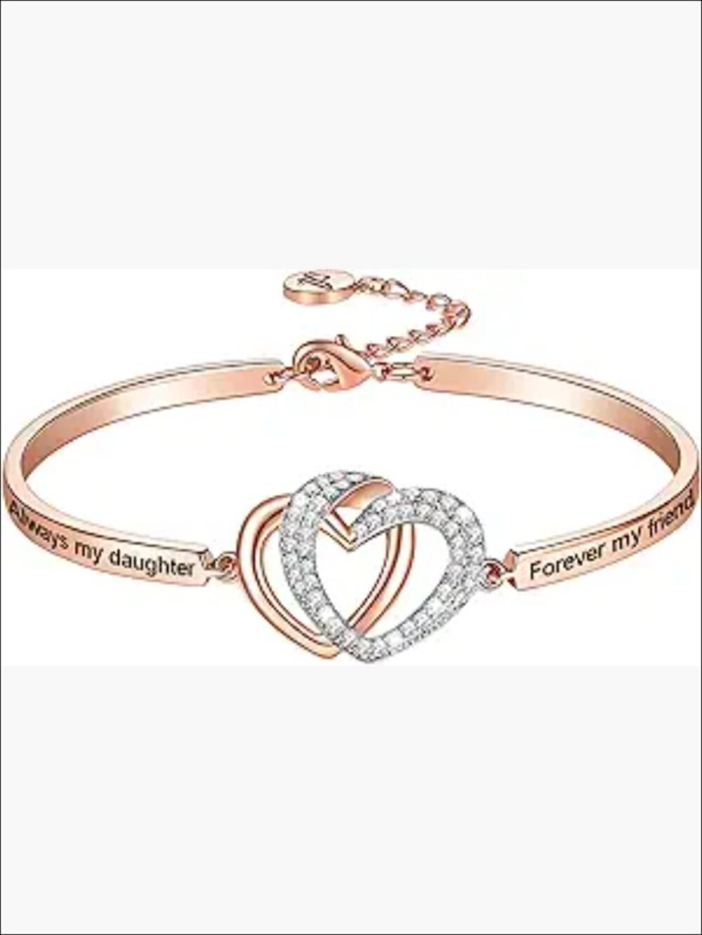 Interlocking Hearts Bangle Bracelet with Engraved Message, Box Chain, Lobster